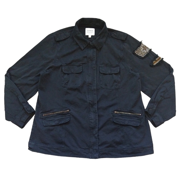 Torrid Black Twill Embellished Shacket 100% Cotton Roll Tab Sleeve Utility - Picture 2 of 10